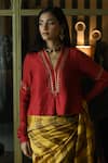 Shorshe Clothing_Red Silk Embroidery Gota V Neck Sashiko Placket Blouse _at_Aza_Fashions