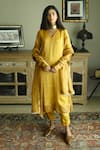 Buy_Shorshe Clothing_Yellow Handloom Tissue Stripe V Neck Anu Pattern Kurta And Cigarette Pant Set _at_Aza_Fashions