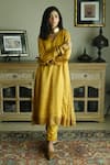 Buy_Shorshe Clothing_Yellow Handloom Tissue Stripe V Neck Anu Pattern Kurta And Cigarette Pant Set 