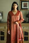 Shorshe Clothing_Red Handloom Tissue Stripe V Neck Anu Pattern Kurta With Cigarette Pant _Online_at_Aza_Fashions