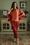 Buy_Shorshe Clothing_Red Brocade Swirl High Batwing Sleeve Top With Cigarette Pant _at_Aza_Fashions