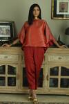 Shorshe Clothing_Red Brocade Swirl High Batwing Sleeve Top With Cigarette Pant _Online_at_Aza_Fashions