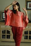 Shorshe Clothing_Red Brocade Swirl High Batwing Sleeve Top With Cigarette Pant _at_Aza_Fashions