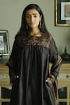 Shorshe Clothing_Brown Chanderi Brocade Hand Embroidered Floral Yoke Kurta With Cigarette Pant _Online_at_Aza_Fashions