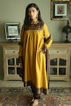 Buy_Shorshe Clothing_Yellow Chanderi Brocade Hand Embroidered Floral Yoke Kurta With Cigarette Pant _at_Aza_Fashions