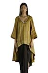 Buy_Shorshe Clothing_Yellow Handloom Tissue Stripe V Neck Oonch Neech Kurta With Cowl Skirt 