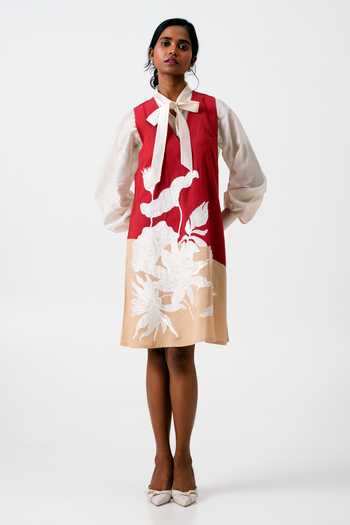 Buy_MADDER MUCH_Red Chanderi, Handloom Cotton Madder Melody A-line Dress With Tie Up Shirt _at_Aza_Fashions