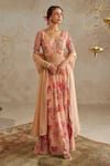 Buy_Chhavvi Aggarwal_Beige Lurex Georgette Print Floral V-neck Rose Lehenga Set _at_Aza_Fashions