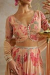 Chhavvi Aggarwal_Beige Lurex Georgette Print Floral V-neck Rose Lehenga Set _at_Aza_Fashions