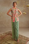 Chhavvi Aggarwal_Green Crepe Print Floral Notched Lapel Jade Rose Jacket With Draped Skirt Set _at_Aza_Fashions