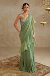 Buy_Chhavvi Aggarwal_Green Georgette Embroidered Sequin Pre-draped Ruffle Saree With Blouse _at_Aza_Fashions