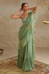 Chhavvi Aggarwal_Green Georgette Embroidered Sequin Pre-draped Ruffle Saree With Blouse _Online_at_Aza_Fashions