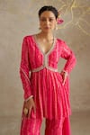 Shop_Chhavvi Aggarwal_Pink Lurex Georgette Printed Floral V-neck Peplum Sharara Set _Online_at_Aza_Fashions