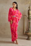 Buy_Chhavvi Aggarwal_Pink Crepe Print Sequin V-neck Floral Draped Kaftan Dress _at_Aza_Fashions