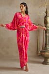 Chhavvi Aggarwal_Pink Crepe Print Sequin V-neck Floral Draped Kaftan Dress _Online_at_Aza_Fashions