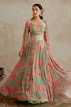 Chhavvi Aggarwal_Green Georgette Print Sequin Sweetheart Floral Lehenga Set With Cape _Online_at_Aza_Fashions