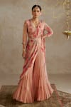 Buy_Chhavvi Aggarwal_Beige Georgette Print Sequin V-neck Rose Sharara Saree Set _at_Aza_Fashions