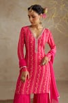 Chhavvi Aggarwal_Pink Georgette Print Sequin V-neck Floral Kurta Sharara Set _at_Aza_Fashions