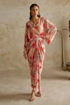 Buy_Chhavvi Aggarwal_Beige Crepe Print Sequin V-neck Rose Draped Kaftan Dress _at_Aza_Fashions