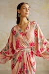 Buy_Chhavvi Aggarwal_Beige Crepe Print Sequin V-neck Rose Draped Kaftan Dress _Online_at_Aza_Fashions