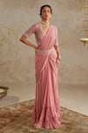 Buy_Chhavvi Aggarwal_Pink Georgette Embroidered Pearls U-neck Pre-draped Saree With Blouse Set _at_Aza_Fashions