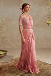 Chhavvi Aggarwal_Pink Georgette Embroidered Pearls U-neck Pre-draped Saree With Blouse Set _Online_at_Aza_Fashions