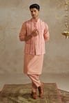 Buy_Chhavvi Aggarwal_Peach Crepe Printed Geometric Floral Blush Kurta Set With Bundi _at_Aza_Fashions