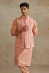 Shop_Chhavvi Aggarwal_Peach Crepe Printed Geometric Floral Blush Kurta Set With Bundi _Online_at_Aza_Fashions