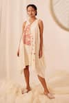 Buy_Ek Katha_Off White Organic Cotton Printed Batik V Neck Patchwork Cowl Dress _at_Aza_Fashions