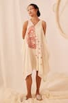 Buy_Ek Katha_Off White Organic Cotton Printed Batik V Neck Patchwork Cowl Dress _Online_at_Aza_Fashions