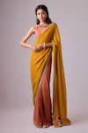 Buy_Nikasha_Yellow 100% Pure Georgette Printed Pleated Embroidered Border Saree With Blouse _at_Aza_Fashions