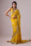 Buy_Nikasha_Yellow 100% Pure Chiffon Silk Foil Printed Embroidered Border Saree With Blouse _at_Aza_Fashions