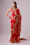 Buy_Nikasha_Red 100% Pure Chiffon Silk Foil Printed Floral Round Saree With Blouse _at_Aza_Fashions