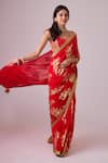 Buy_Nikasha_Red 100% Pure Chiffon Silk Foil Printed Floral Round Saree With Blouse _Online_at_Aza_Fashions