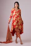 Buy_Nikasha_Red 100% Pure Crepe Silk Foil Printed Floral V Asymmetric Kurta Dhoti Pant Set _at_Aza_Fashions