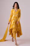 Buy_Nikasha_Yellow 100% Pure Crepe Silk Foil Printed Asymmetrical Kurta Dhoti Pant Set _at_Aza_Fashions