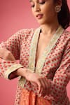 Nikasha_Peach 100% Pure Silk Crepe Printed Floral V Neck Kalidar Kurta And Churidar Set _Online_at_Aza_Fashions