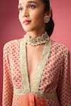 Buy_Nikasha_Peach 100% Pure Silk Crepe Printed Floral V Neck Kalidar Kurta And Churidar Set _Online_at_Aza_Fashions