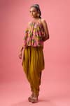 Buy_Nikasha_Yellow 100% Pure Georgette Print Peony Bloom Halter Neck Top With Dhoti Pant _at_Aza_Fashions