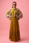 Buy_Nikasha_Yellow 100% Modal Silk Satin Print Rosa Tie Up Collar Neck Cape Dress _at_Aza_Fashions