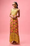 Buy_Nikasha_Yellow 100% Pure Rayon Cotton Print Rosa Bloom Halter Neck Maxi Dress _at_Aza_Fashions