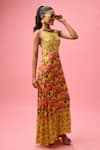 Nikasha_Yellow 100% Pure Rayon Cotton Print Rosa Bloom Halter Neck Maxi Dress _Online_at_Aza_Fashions