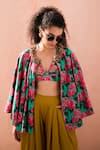 Nikasha_Green Rayon Print Rosa Garden Open Neck Cape And Dhoti Pant Set _Online_at_Aza_Fashions