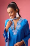 Buy_Nikasha_Blue 100% Modal Silk Satin Embroidery Kurta Split V Crochet Bloom Applique Set _Online_at_Aza_Fashions