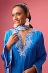 Shop_Nikasha_Blue 100% Modal Silk Satin Embroidery Kurta Split V Crochet Bloom Applique Set _Online_at_Aza_Fashions