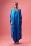 Buy_Nikasha_Blue 100% Modal Silk Satin Embroidery Sequin V Neck Neckline Kaftan With Pant _at_Aza_Fashions