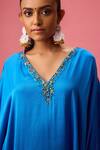 Nikasha_Blue 100% Modal Silk Satin Embroidery Sequin V Neck Neckline Kaftan With Pant _at_Aza_Fashions