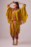 Buy_Nikasha_Yellow 100% Pure Georgette Print Asymmetric Godet Kaftan Tunic With Dhoti Pant _at_Aza_Fashions