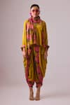 Nikasha_Yellow 100% Pure Georgette Print Asymmetric Godet Kaftan Tunic With Dhoti Pant _Online_at_Aza_Fashions