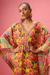 Shop_Nikasha_Yellow 100% Pure Georgette Print Phool V Neck And Madras Checkered Applique Kaftan _Online_at_Aza_Fashions